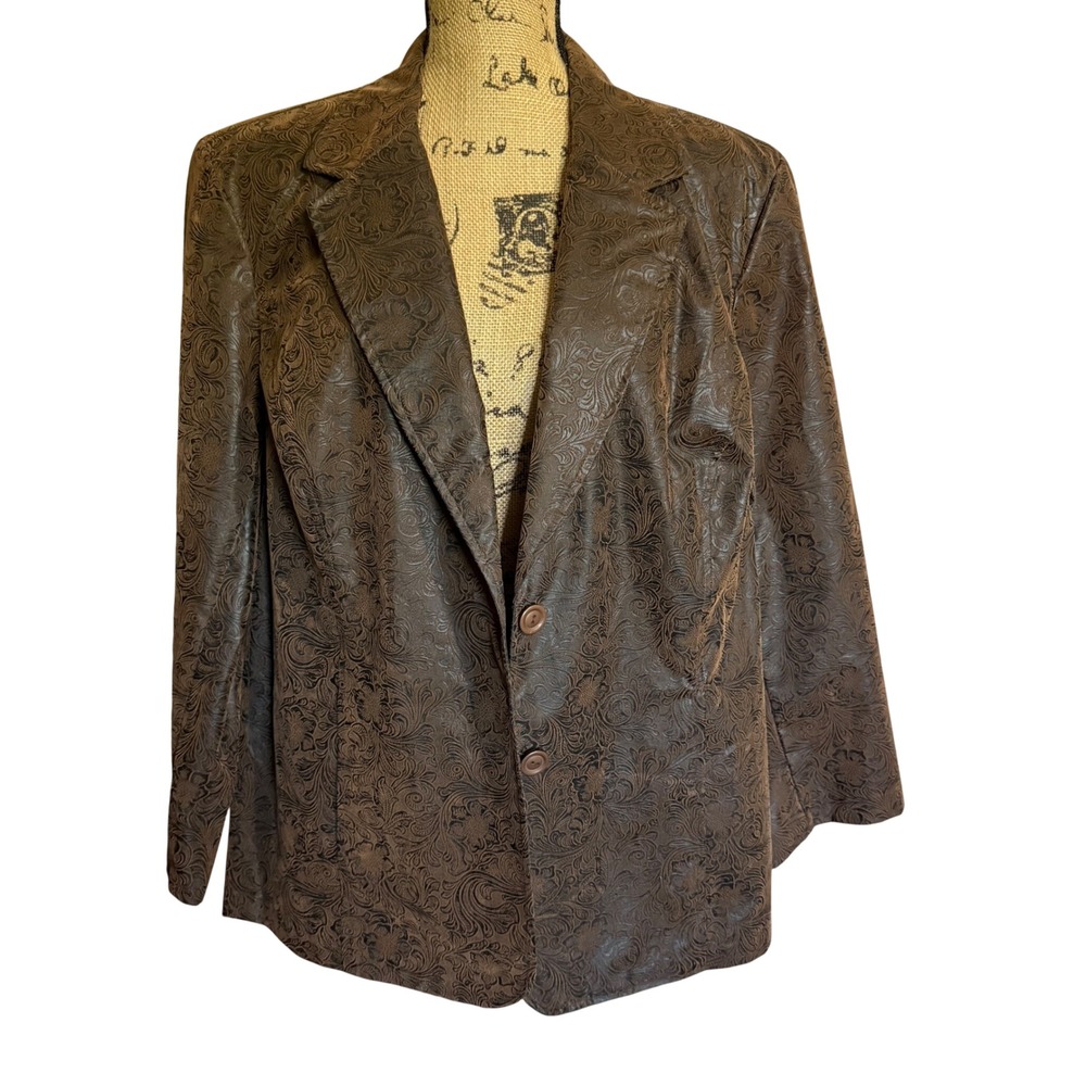 Woman Blazer Jacket Brown Faux Leather Embossed Floral Western 1X Hipster Vtg